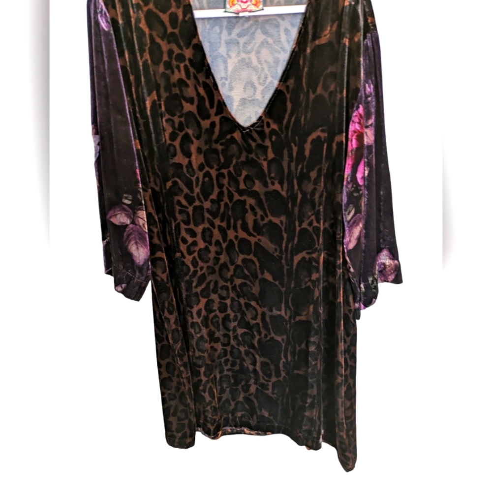 Johnny Was Brown and Black Velvet Leopard Midi Dress with Purple Floral Sleeves